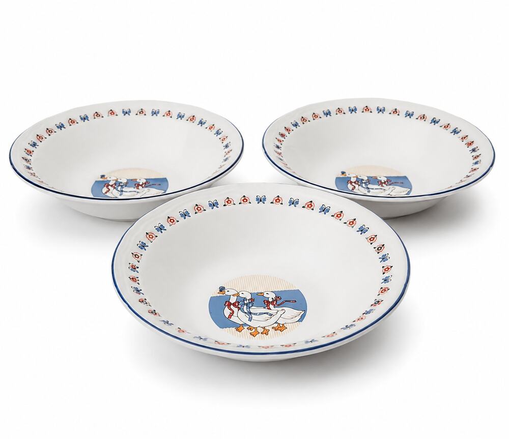 Three Vintage Brick Oven Stoneware Country Geese Cereal Bowls